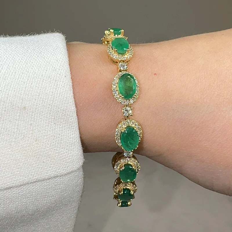 high-end bracelets for women -Oval Shape 9 Carat Emerald Center Featuring Diamond Halo Bracelet BRHAOCE