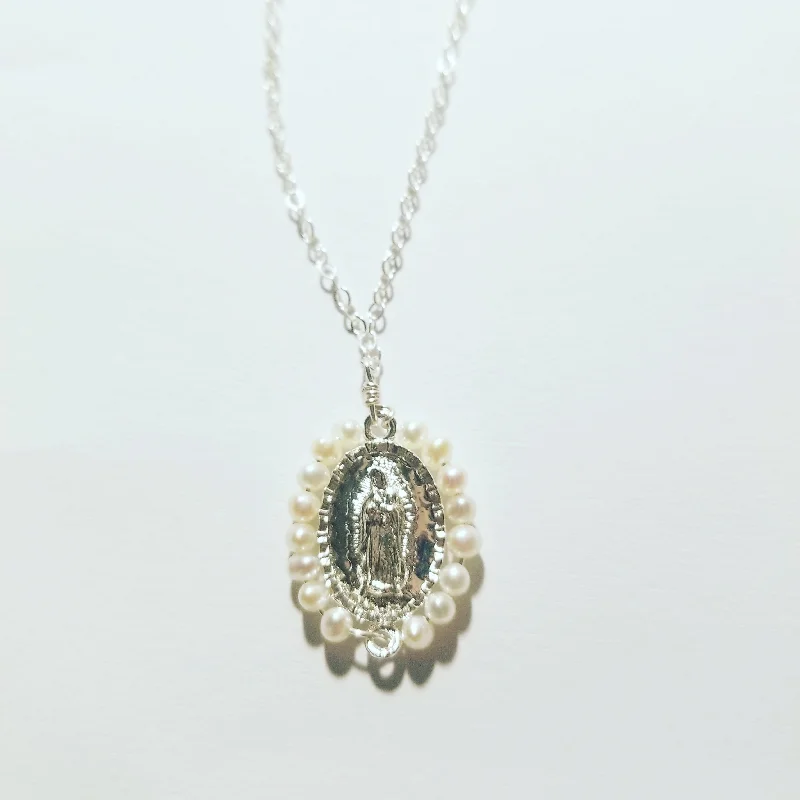 chunky necklaces for women -Virgen de Guadalupe Pearl Charm Necklace