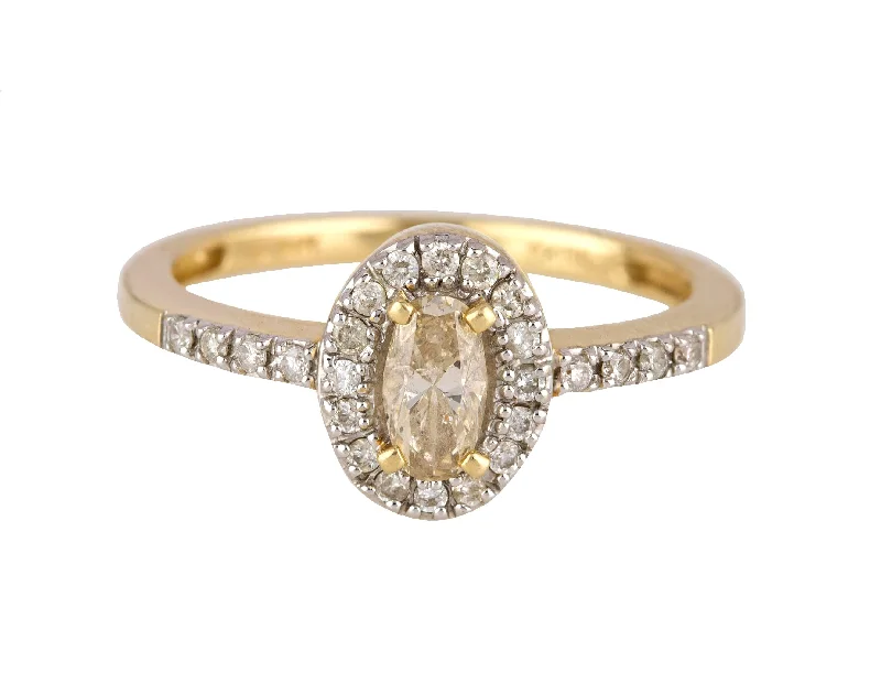 bold statement engagement rings -Women's Estate 14K Yellow Gold 0.42 CT Yellow Oval Halo Diamond Engagement Ring