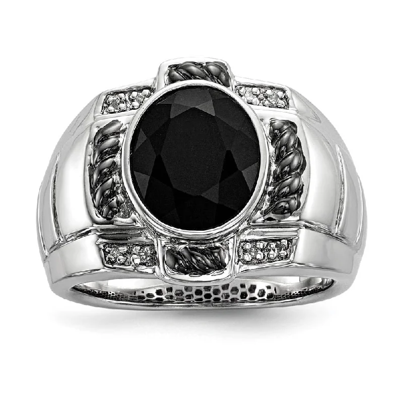 modern geometric rings for women -Oval Black Onyx & Diamond Two Tone Sterling Silver Tapered Ring