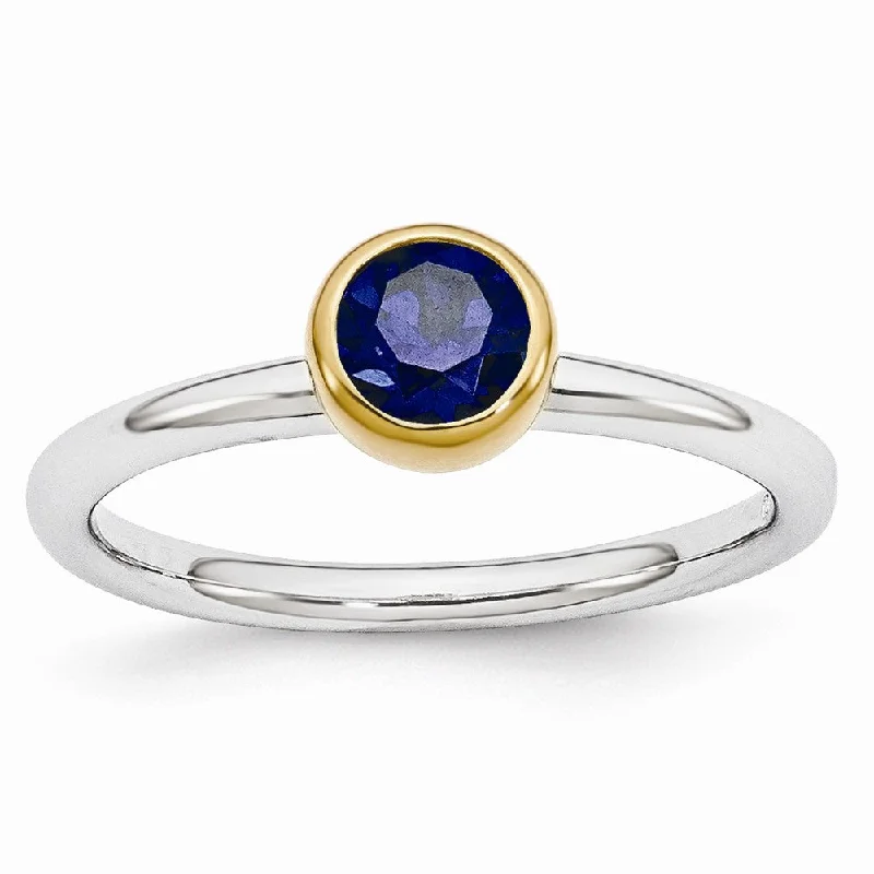 twist rings for women -Two Tone Sterling Silver Stackable 5mm Round Created Sapphire Ring