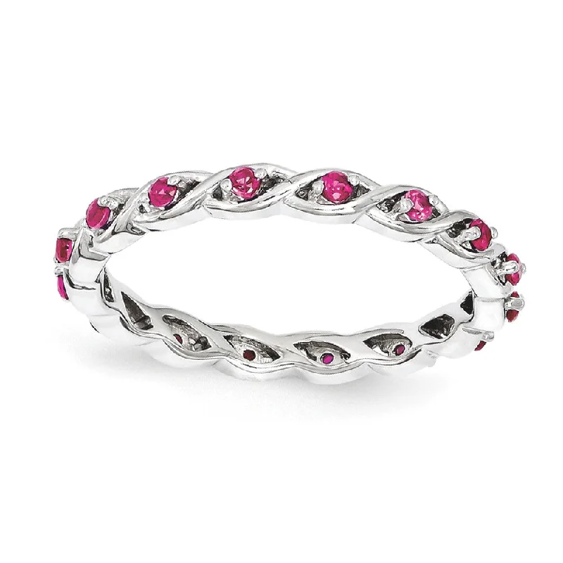 signet rings for women -2.5mm Rhodium Plated Sterling Silver Stackable Created Ruby Twist Band