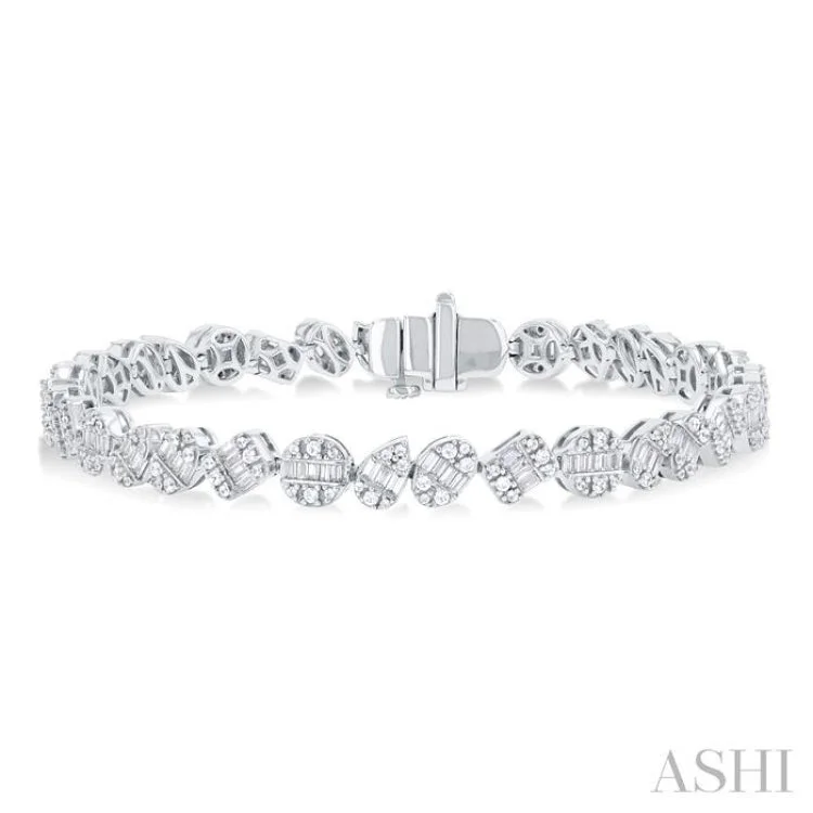 floral bracelets for women -2 3/4 ctw Mixed Shape Fusion Baguette and Round Cut Diamond Bracelet in 14K White Gold