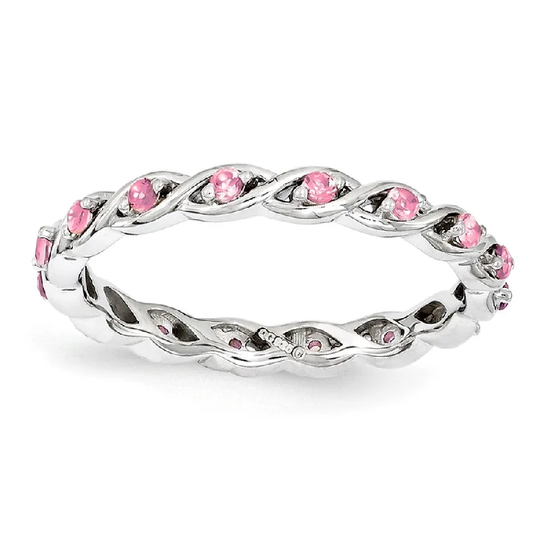 open rings for women -2.5mm Rhodium Sterling Silver Stackable Cr. Pink Sapphire Twist Band