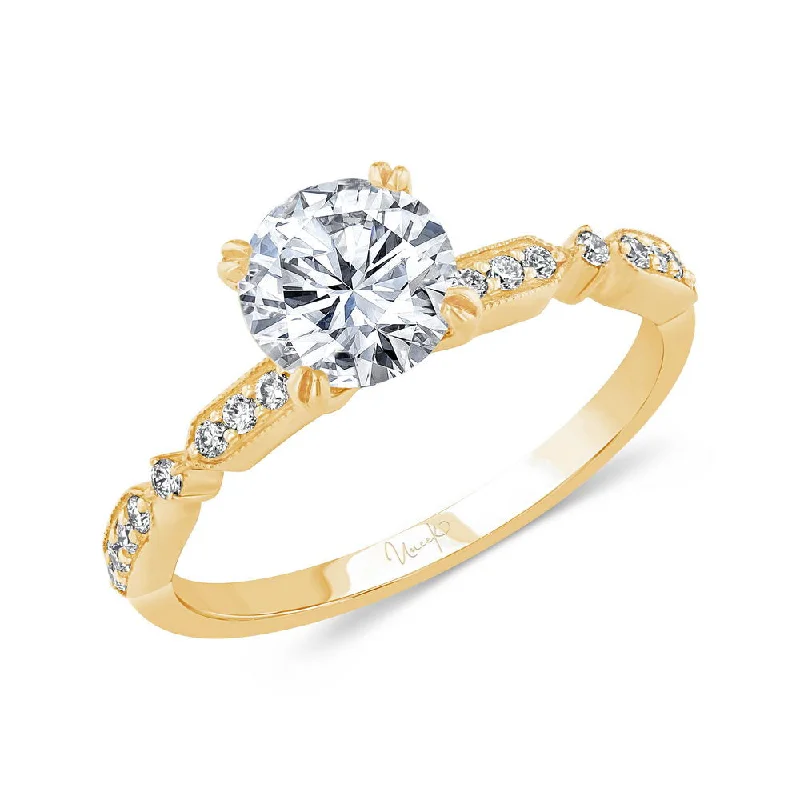 bold statement engagement rings -Uneek Us Collection Round Diamond Engagement Ring with Milgrain-Trimmed Pave Bars