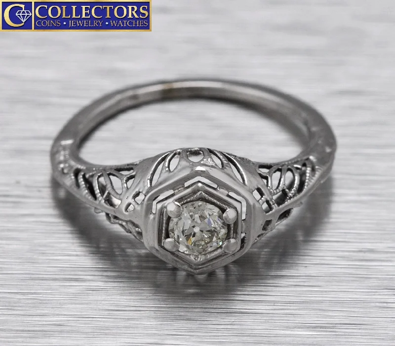 affordable engagement rings -Antique Art Deco 14K White Gold 0.25ct Diamond Filigree Engagement Ring