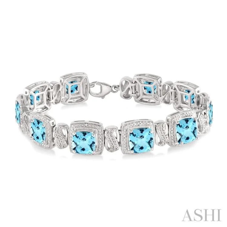 multi-stone bracelets for women -7x7 mm Cushion Cut Blue Topaz and 1/10 Ctw Single Cut Diamond Square Shape Bracelet in Sterling Silver