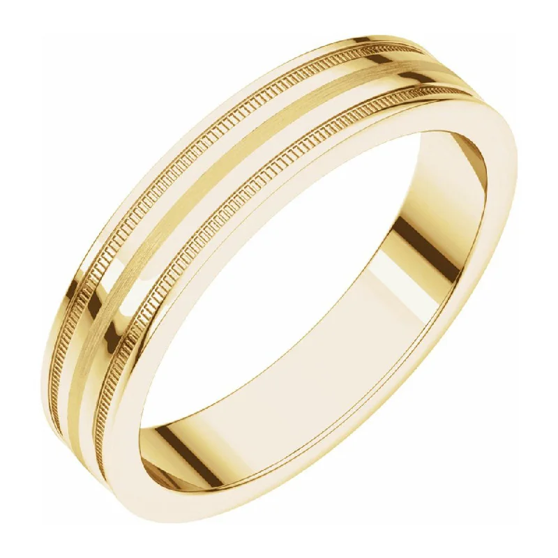 elegant promise rings for women -4mm 14K Yellow Gold Flat Edge Satin Center Milgrain Comfort Fit Band