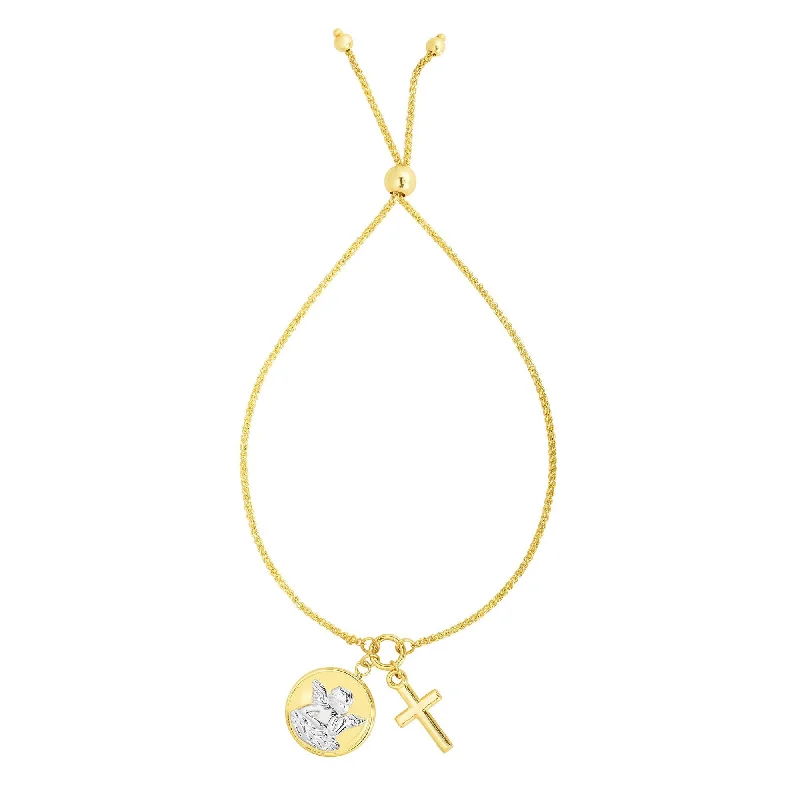 heart-shaped bracelets for women -14kt Gold 9.25 inches Yellow+White Finish Chain:1mm+Pendant:20x14mm Shiny Cross Adjustable Friendship Bracelet with Draw String Clasp