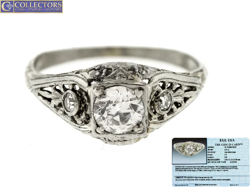 dainty engagement rings -Ladies Antique Art Deco 18K White Gold 0.63ctw Diamond Engagement Ring EGL