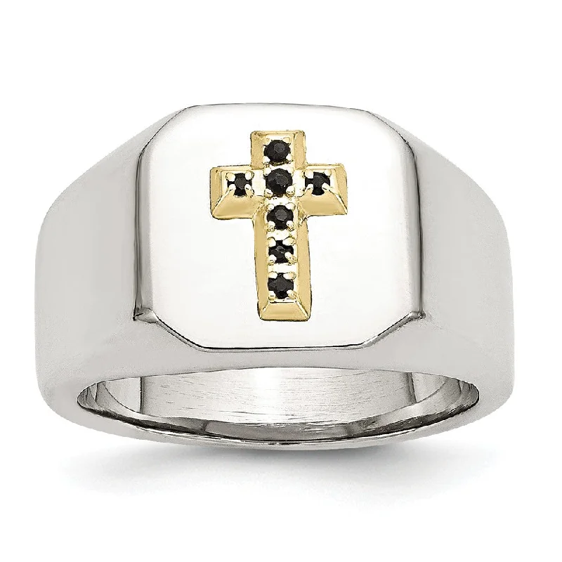 pave rings for women -Stainless Steel 14K Yellow Gold Accent w Sapphires Cross Ring