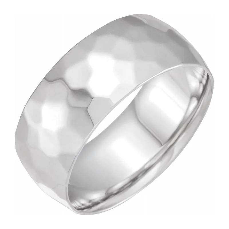 two-tone rings for women -9mm 14K White Gold Hammered Comfort Fit Band