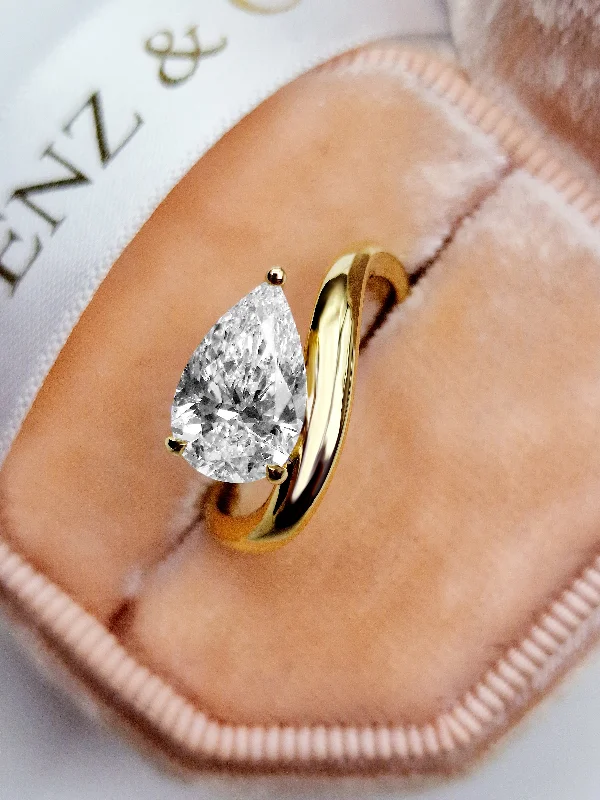 art deco engagement rings -2.00 Carat Lab Grown Pear Shaped Wave Diamond Engagement Ring in Yellow Gold