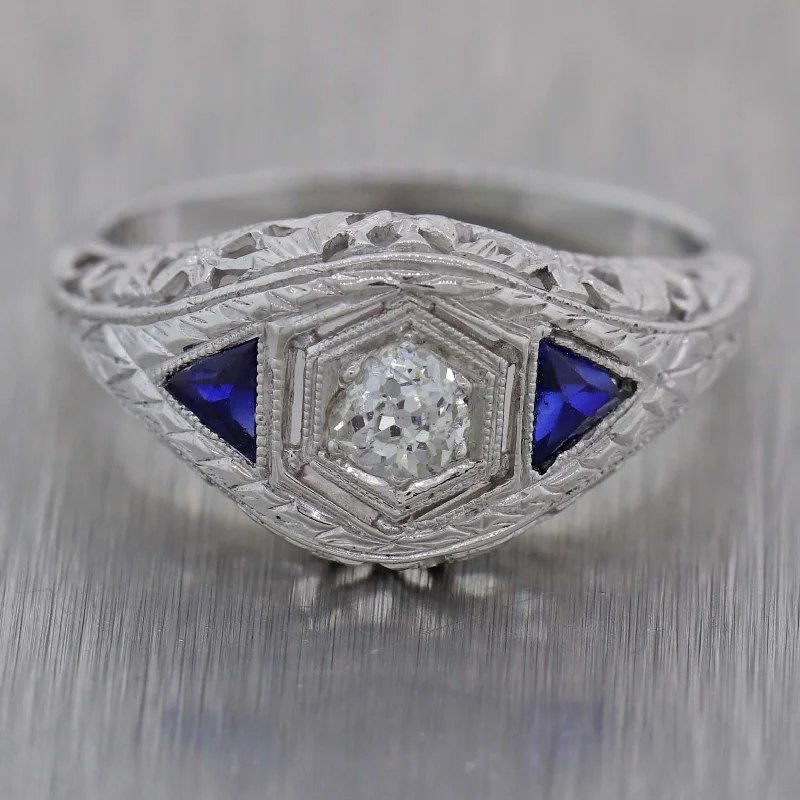 nature-inspired engagement rings -1930s Antique Art Deco 18k White Gold .40ctw Diamond Sapphire Engagement Ring