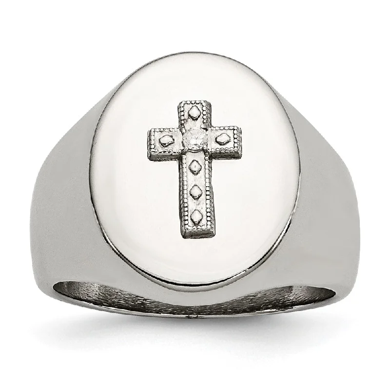 baguette rings for women -17mm Stainless Steel, Sterling Silver Cross & CZ Tapered Ring