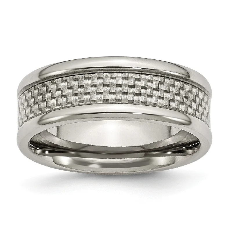 dainty rings for women -8mm Polished Titanium and Gray Carbon Fiber Comfort Fit Band