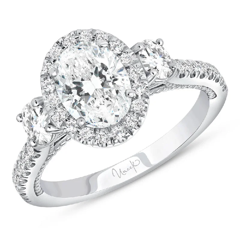 high-end engagement rings -Uneek Us Collection 3-Stone-Halo Oval Shaped Engagement Ring