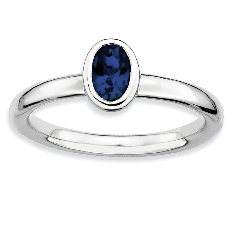 butterfly rings for women -Silver Stackable Oval Created Sapphire Solitaire Ring