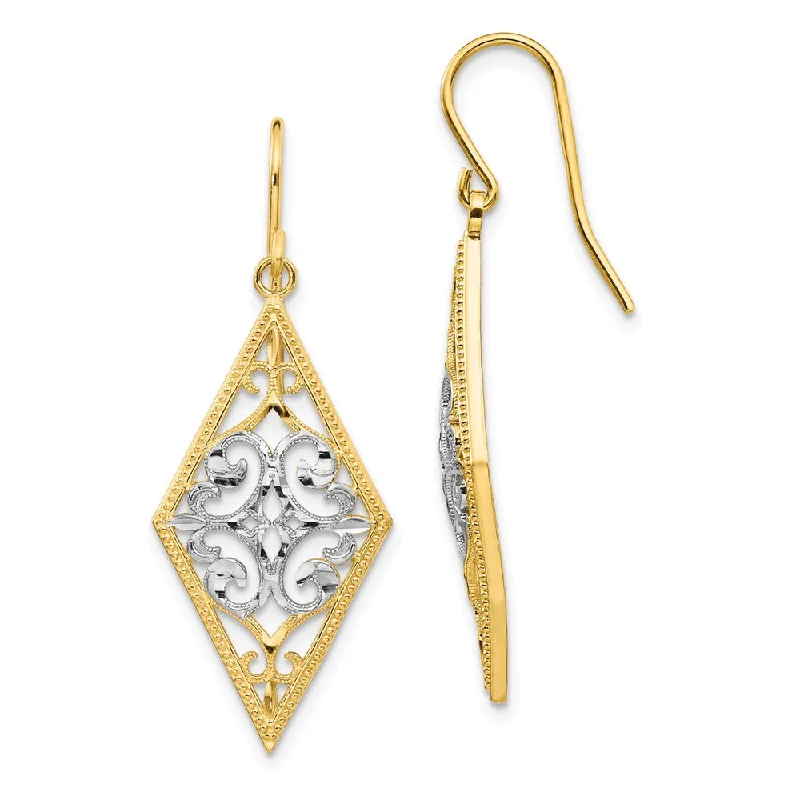 double hoop earrings for women -Diamond Shape Filigree Dangle Earrings in 14k Yellow Gold and Rhodium