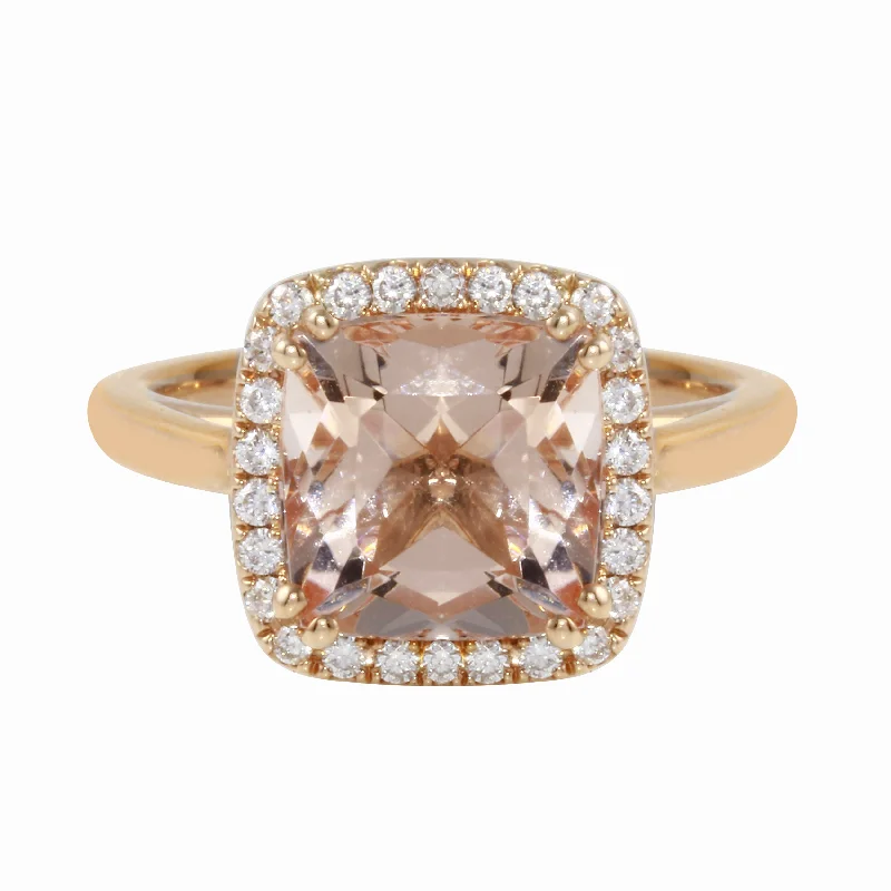 fair trade engagement rings -Morganite Cushion-Cut Diamond Pavé Halo and Band Engagement Ring