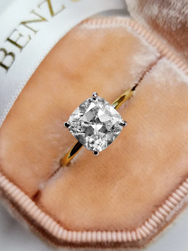 channel set engagement rings -2.86 Carats Lab Grown Old Mine Cushion Cut Two Tone Solitaire Hidden Halo Diamond Engagement Ring