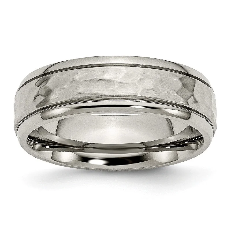 gold rings for women -Titanium 7mm Grooved Edge And Hammered Comfort Fit Band