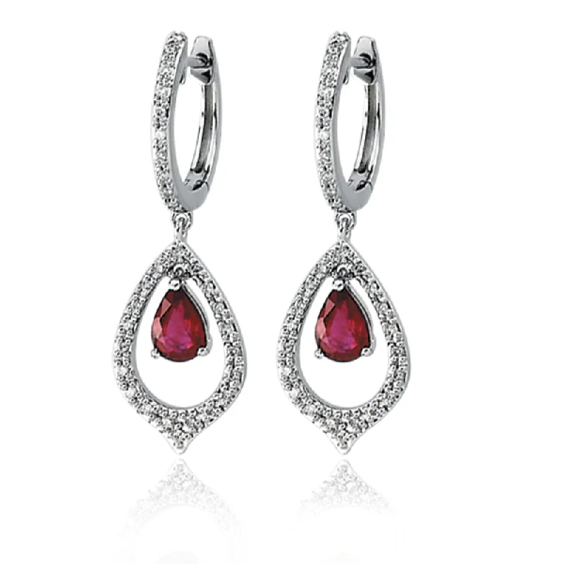 minimalist earrings for women -14k White Gold Ruby and Diamond Earrings