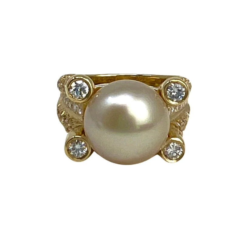 engagement rings for women -Tishman & Lipp 18K Gold Ring with 106 Diamonds and Golden Pearl