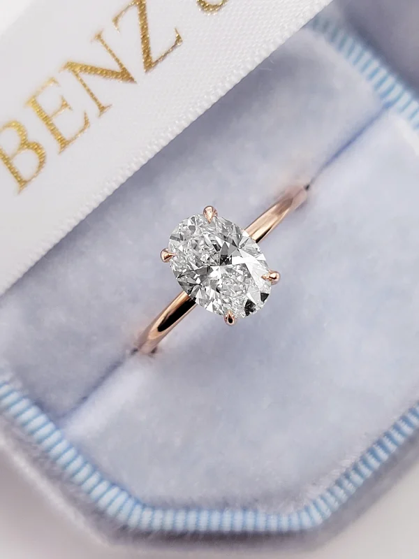 baguette engagement rings -1.70 Carats Lab Grown Oval Cut Solitaire Hidden Halo Diamond Engagement Ring