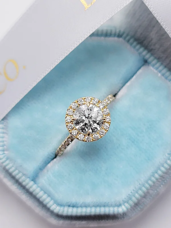 oval halo engagement rings -1.52 Carats Lab Grown Round Brilliant Cut Micropaved Halo Side Stones Diamond Engagement Ring