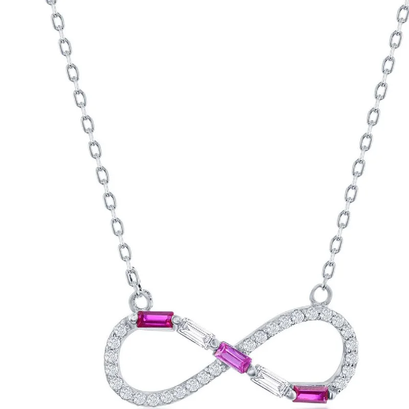 knotted necklaces for women -Classic Women's Necklace - Sterling Round and Ruby Baguette CZ Infinity | M-6951