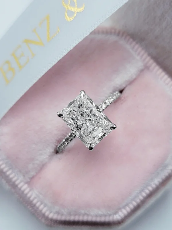 princess cut engagement rings -3.54 Carats Lab Grown Radiant Cut Micropaved Side Stones Hidden Halo Diamond Engagement Ring