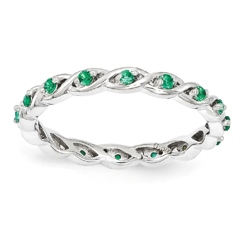 gemstone rings for women -2.5mm Rhodium Sterling Silver Stackable Created Emerald Twist Band