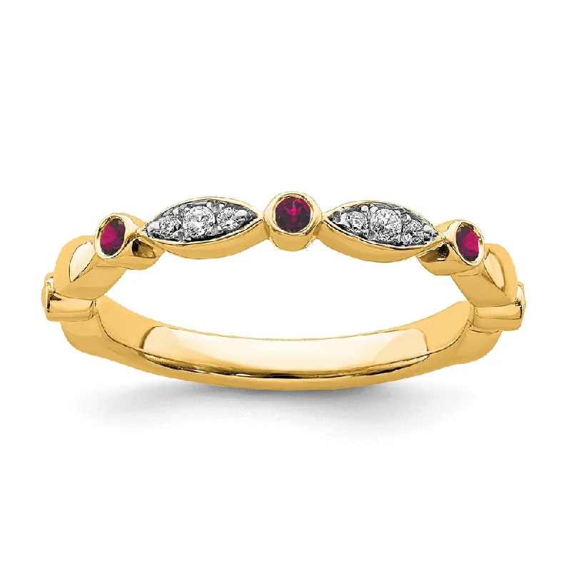 silver rings for women -14k Yellow Gold Created Ruby & .05 Ctw Diamond Stackable Band