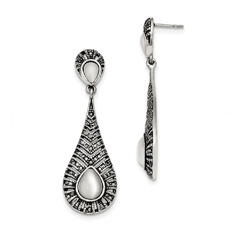 romantic earrings for women -Marcasite & Cat's Eye Teardrop Post Dangle Earrings in Stainless Steel