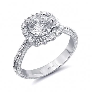 modern classic engagement rings -14K White Gold Diamond Halo Semi Mount Engagement Ring with Milgrain and Engraved Shank