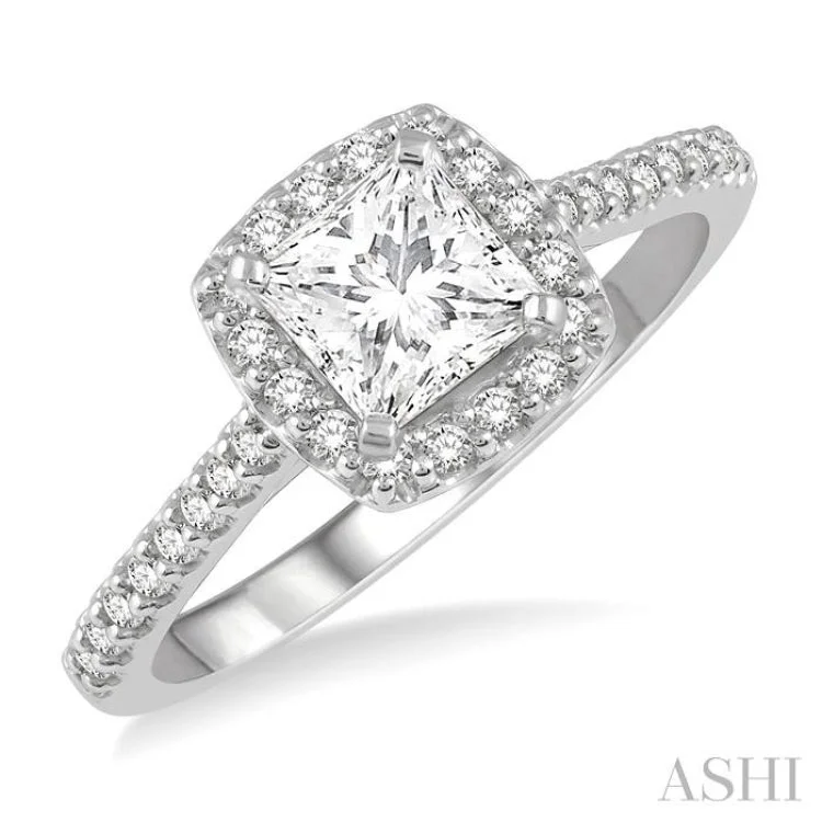 luxury engagement rings -1 Ctw Cushion Shape Round Cut Diamond Engagement Ring With 3/4 Princess Cut Center Stone in 14K White Gold