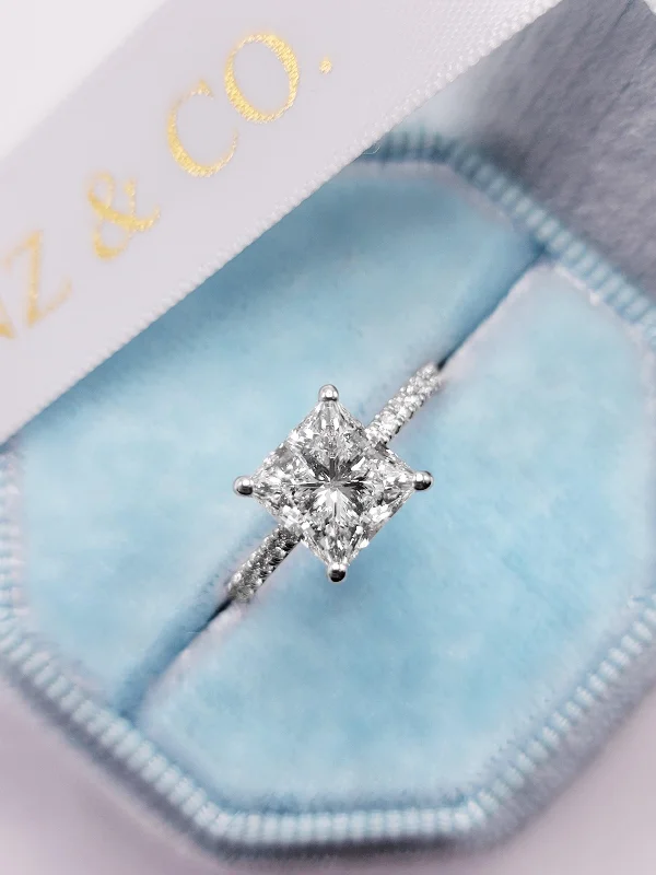 luxury engagement rings -2.50 Carats Lab Grown Princess Cut Micropaved Side Stones Hidden Halo Diamond Engagement Ring