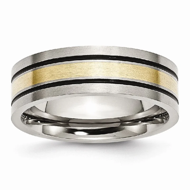 multi-layered rings for women -Titanium & 14K Gold Inlay, 7mm Flat Brushed & Antiqued Band