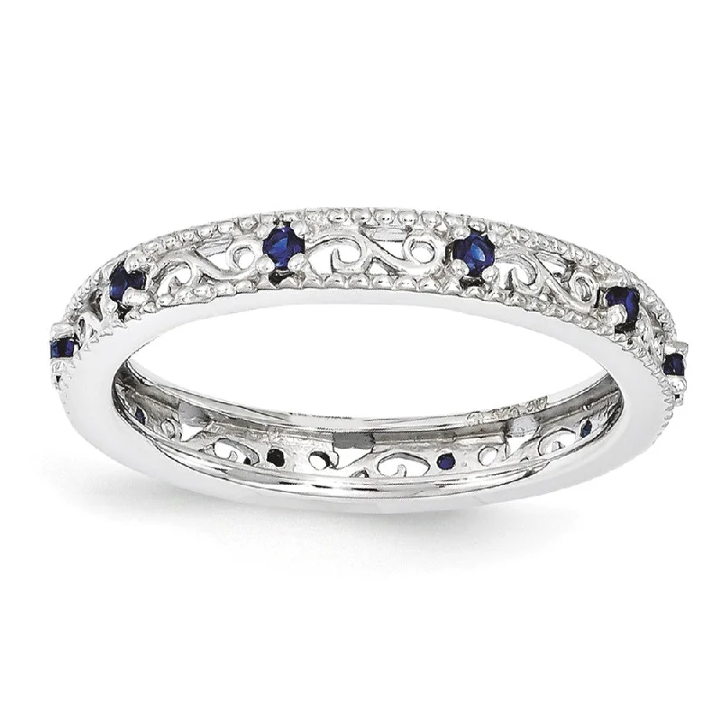 simple band rings for women -3mm Sterling Silver Stackable Expressions Created Sapphire Scroll Band