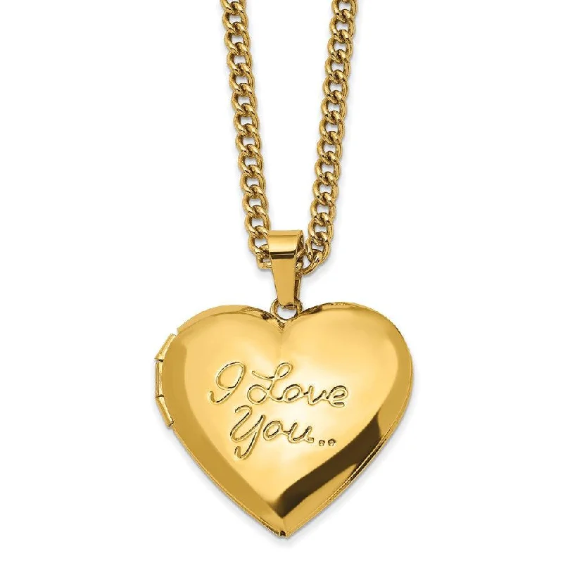 thick silver necklaces for women -Stainless Steel Polished Yellow IP I LOVE YOU Heart Locket 24in Necklace