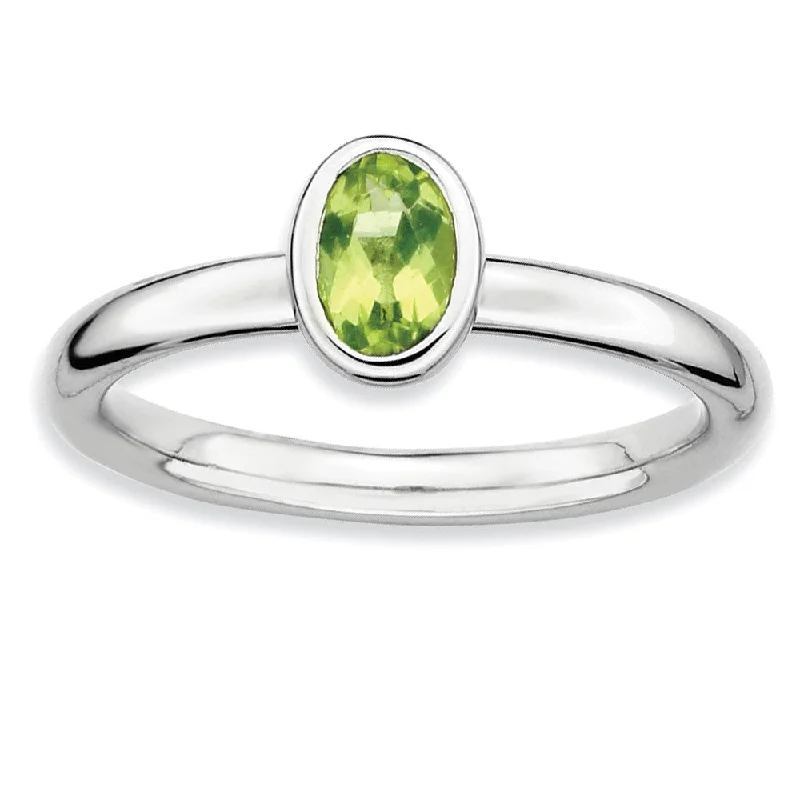 engraved rings for women -Silver Stackable Oval Peridot Solitaire Ring