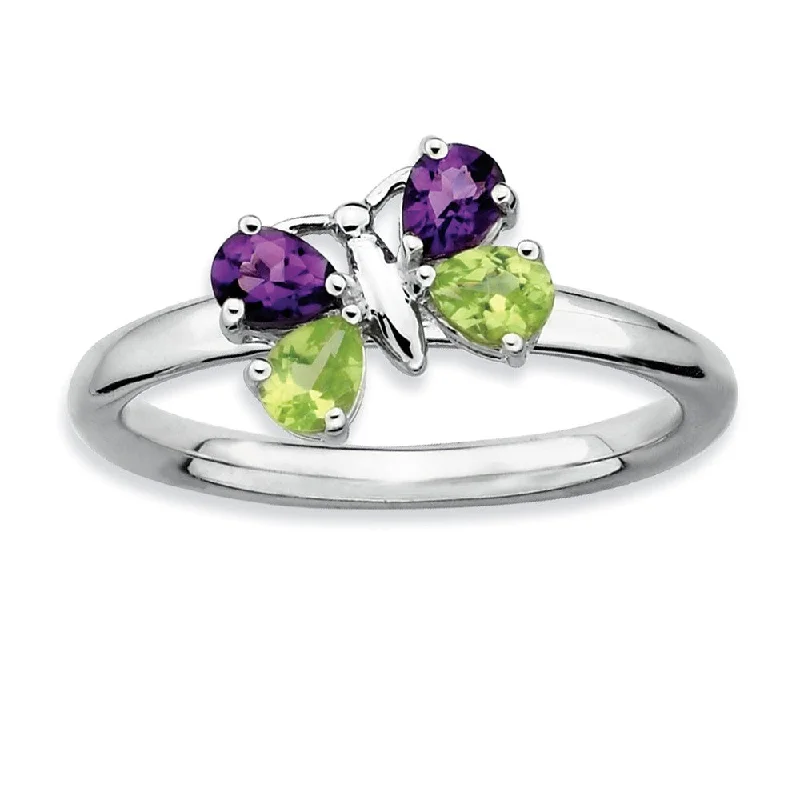 adjustable rings for women -Sterling Silver Peridot and Amethyst Stackable Gemstone Butterfly Ring