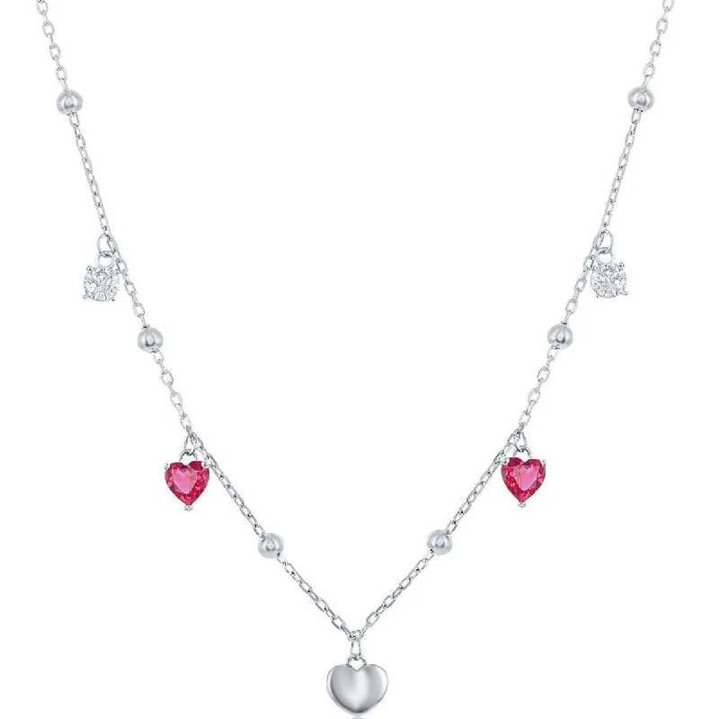 crystal teardrop necklaces for women -Classic Women's Necklace - Sterling Silver White and Ruby CZ Heart Beaded | M-6813