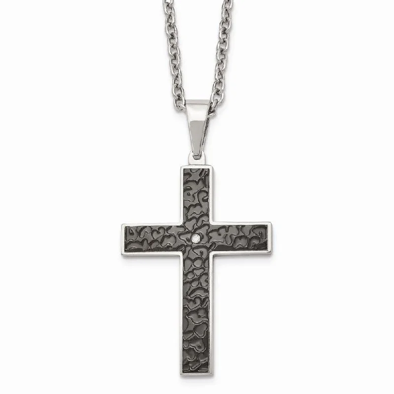 modern geometric necklaces for women -Stainless Steel Polished Black IP Textured CZ Cross Necklace