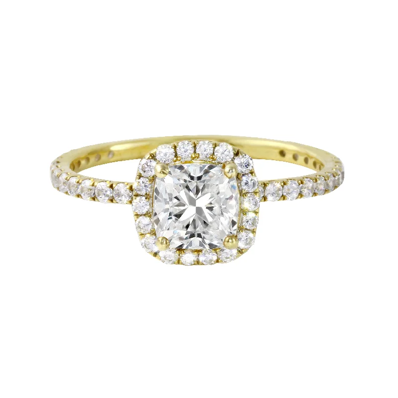 platinum engagement rings -Cushion-Cut Diamond Halo Pavé Band Engagement Ring