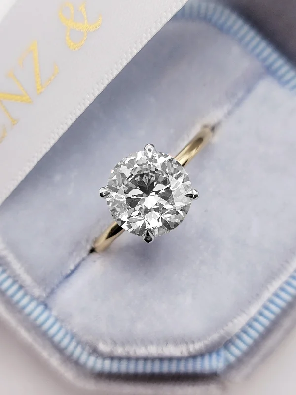 round cut engagement rings -2.71 Carats Lab Grown Round Brilliant Cut Two Tone Solitaire Hidden Halo Diamond Engagement Ring