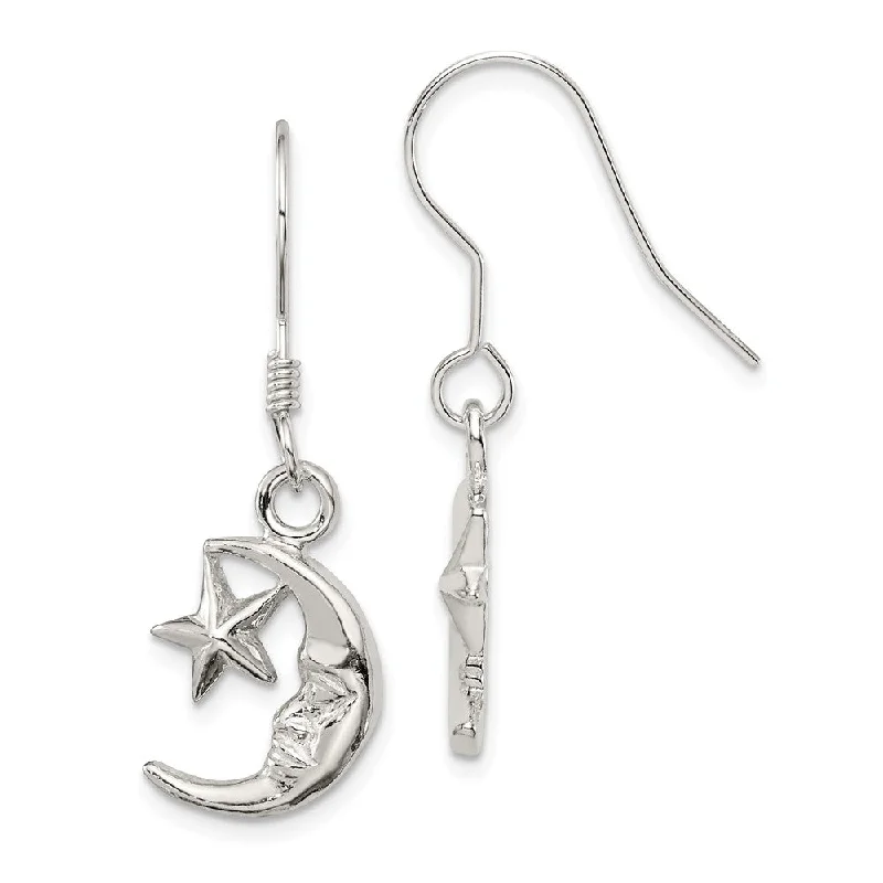 baroque pearl earrings for women -Polished Crescent Moon and Star Dangle Earrings in Sterling Silver