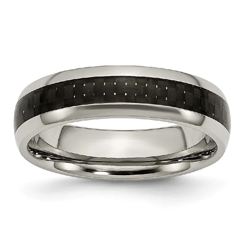 open rings for women -Titanium Black Carbon Fiber 6mm Polished Domed Comfort Fit Band