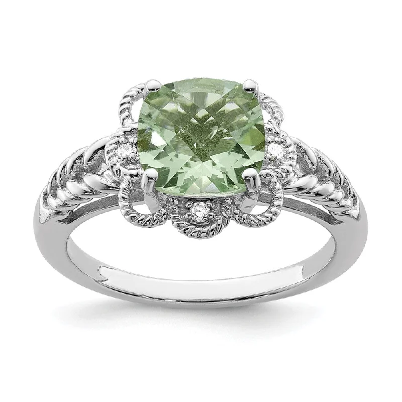 floral rings for women -Green Quartz & .04 Ctw Diamond Scalloped Sterling Silver Ring